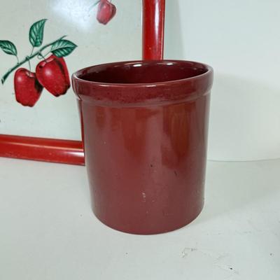 LOT 49: Farmhouse Kitchen Collection: Pottery Stoneware Canisters, Bird Bowl & Tin Apple Tray