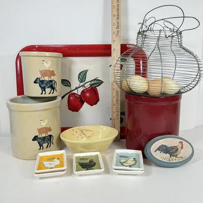 LOT 49: Farmhouse Kitchen Collection: Pottery Stoneware Canisters, Bird Bowl & Tin Apple Tray