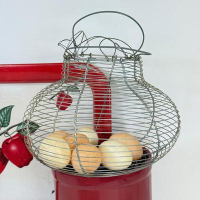 LOT 49: Farmhouse Kitchen Collection: Pottery Stoneware Canisters, Bird Bowl & Tin Apple Tray
