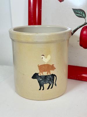 LOT 49: Farmhouse Kitchen Collection: Pottery Stoneware Canisters, Bird Bowl & Tin Apple Tray
