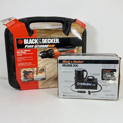 LOT 53: New Tools: Black & Decker Firestorm 12.0V Cordless Drill/Driver jCD431K & Inflator 200 9517