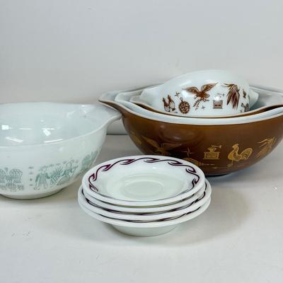 LOT 54: Pyrex Collection: Early American Cinderella Mixing Bowl Set, Amish Butterprint Bowl & (Corning) Ruby Scroll Saucers/Plates