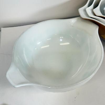 LOT 54: Pyrex Collection: Early American Cinderella Mixing Bowl Set, Amish Butterprint Bowl & (Corning) Ruby Scroll Saucers/Plates