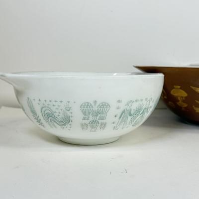 LOT 54: Pyrex Collection: Early American Cinderella Mixing Bowl Set, Amish Butterprint Bowl & (Corning) Ruby Scroll Saucers/Plates