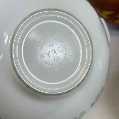 LOT 54: Pyrex Collection: Early American Cinderella Mixing Bowl Set, Amish Butterprint Bowl & (Corning) Ruby Scroll Saucers/Plates