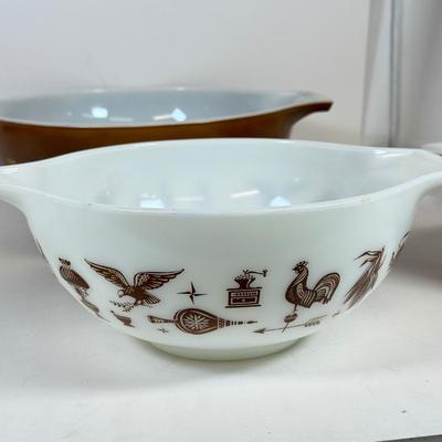 LOT 54: Pyrex Collection: Early American Cinderella Mixing Bowl Set, Amish Butterprint Bowl & (Corning) Ruby Scroll Saucers/Plates