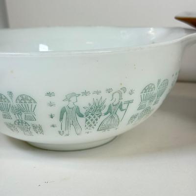 LOT 54: Pyrex Collection: Early American Cinderella Mixing Bowl Set, Amish Butterprint Bowl & (Corning) Ruby Scroll Saucers/Plates