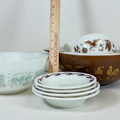 LOT 54: Pyrex Collection: Early American Cinderella Mixing Bowl Set, Amish Butterprint Bowl & (Corning) Ruby Scroll Saucers/Plates