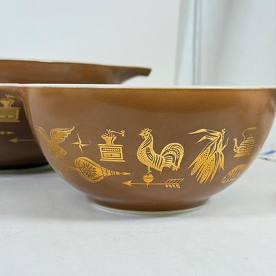 LOT 54: Pyrex Collection: Early American Cinderella Mixing Bowl Set, Amish Butterprint Bowl & (Corning) Ruby Scroll Saucers/Plates