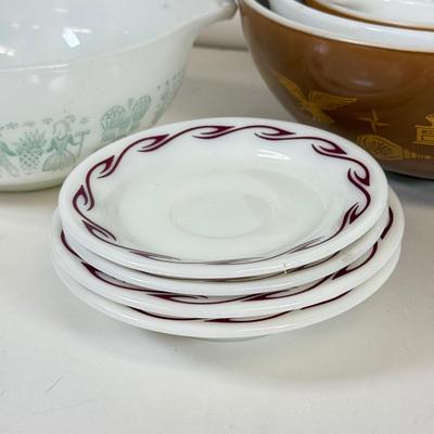 LOT 54: Pyrex Collection: Early American Cinderella Mixing Bowl Set, Amish Butterprint Bowl & (Corning) Ruby Scroll Saucers/Plates
