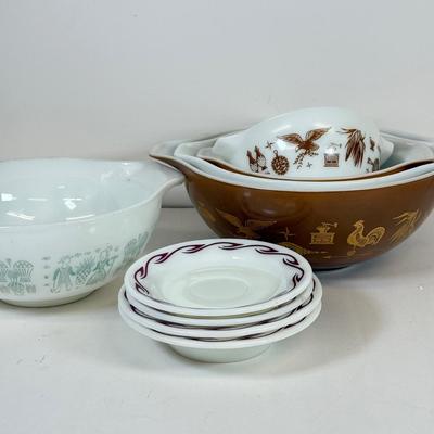 LOT 54: Pyrex Collection: Early American Cinderella Mixing Bowl Set, Amish Butterprint Bowl & (Corning) Ruby Scroll Saucers/Plates