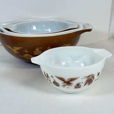 LOT 54: Pyrex Collection: Early American Cinderella Mixing Bowl Set, Amish Butterprint Bowl & (Corning) Ruby Scroll Saucers/Plates