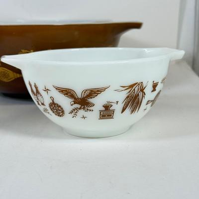 LOT 54: Pyrex Collection: Early American Cinderella Mixing Bowl Set, Amish Butterprint Bowl & (Corning) Ruby Scroll Saucers/Plates