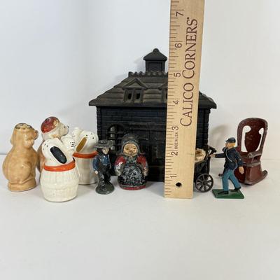 LOT 60: Mini Cast Iron House Front, S&P Shakers & Figures w/ Vintage Japanese Dog S&P Shakers