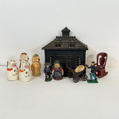 LOT 60: Mini Cast Iron House Front, S&P Shakers & Figures w/ Vintage Japanese Dog S&P Shakers
