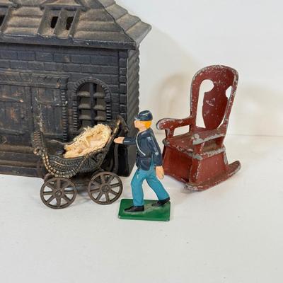 LOT 60: Mini Cast Iron House Front, S&P Shakers & Figures w/ Vintage Japanese Dog S&P Shakers