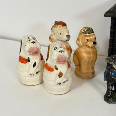 LOT 60: Mini Cast Iron House Front, S&P Shakers & Figures w/ Vintage Japanese Dog S&P Shakers