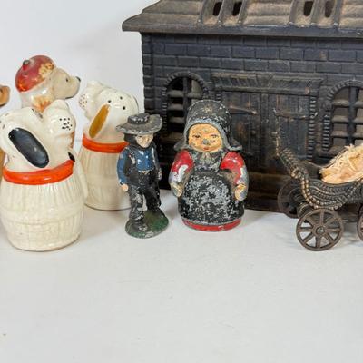 LOT 60: Mini Cast Iron House Front, S&P Shakers & Figures w/ Vintage Japanese Dog S&P Shakers