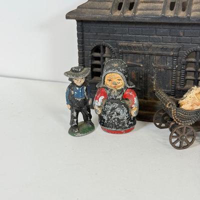 LOT 60: Mini Cast Iron House Front, S&P Shakers & Figures w/ Vintage Japanese Dog S&P Shakers