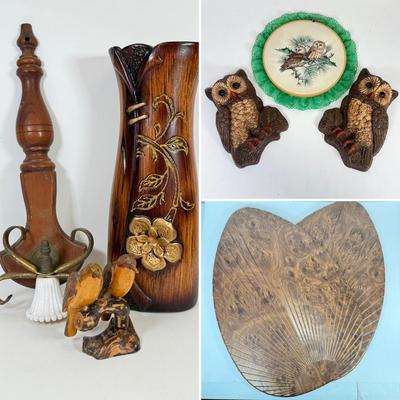 LOT 65: Vintage Paperboard Owl Wall Hangings, Large Plastic Leaf Wall Decor, Wood Floral Vase & More