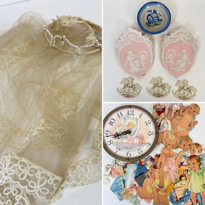 LOT 71: Vintage Paper Dress Up Dolls, Pink Bisque Porcelain Wall Hangings, Vintage Veil & More