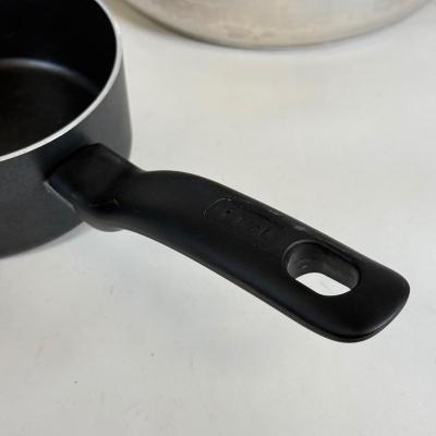 LOT 76: Hanging Metal Pot Rack w/ Farberware Pots & T-Fal Pans