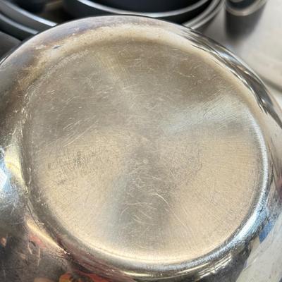 LOT 76: Hanging Metal Pot Rack w/ Farberware Pots & T-Fal Pans