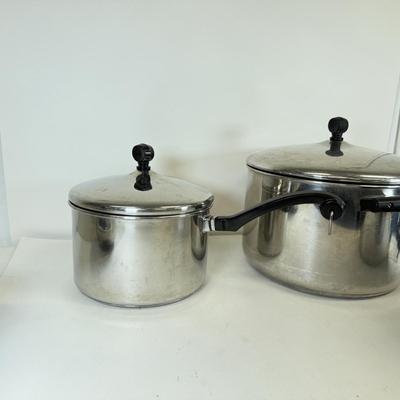 LOT 76: Hanging Metal Pot Rack w/ Farberware Pots & T-Fal Pans