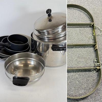 LOT 76: Hanging Metal Pot Rack w/ Farberware Pots & T-Fal Pans