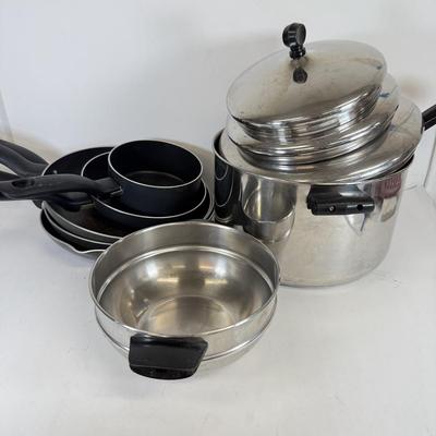 LOT 76: Hanging Metal Pot Rack w/ Farberware Pots & T-Fal Pans