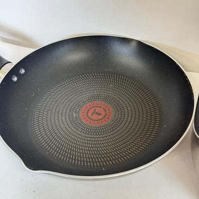 LOT 76: Hanging Metal Pot Rack w/ Farberware Pots & T-Fal Pans