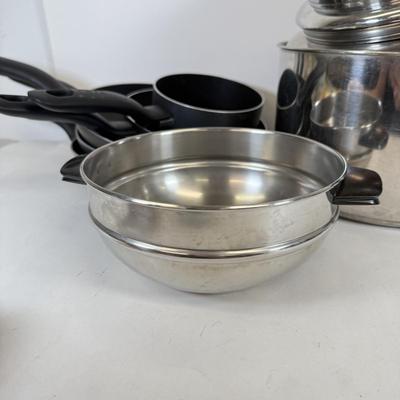 LOT 76: Hanging Metal Pot Rack w/ Farberware Pots & T-Fal Pans