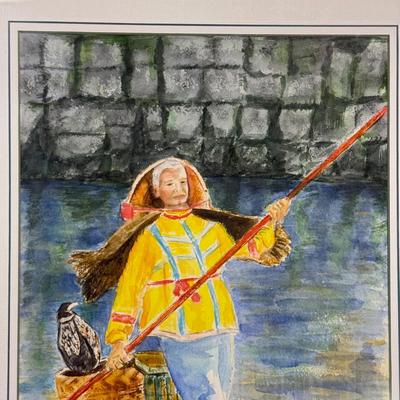 LOT 77: Framed Watercolor of Man on Punt Boat