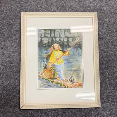 LOT 77: Framed Watercolor of Man on Punt Boat