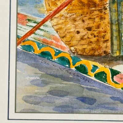 LOT 77: Framed Watercolor of Man on Punt Boat