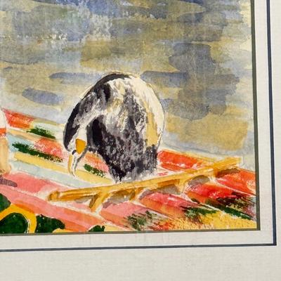 LOT 77: Framed Watercolor of Man on Punt Boat