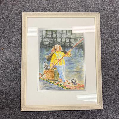 LOT 77: Framed Watercolor of Man on Punt Boat