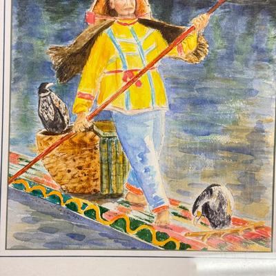 LOT 77: Framed Watercolor of Man on Punt Boat