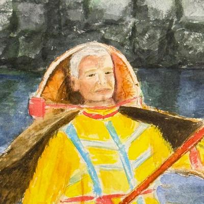 LOT 77: Framed Watercolor of Man on Punt Boat