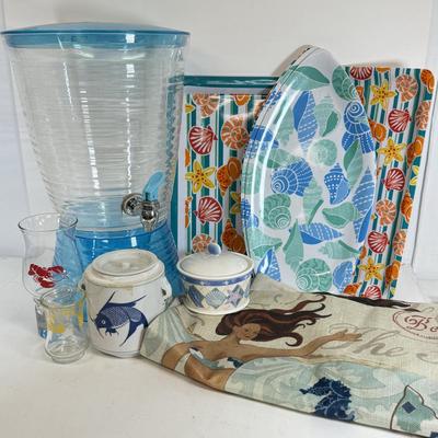 LOT 78: For the Beach House: Surfboard Platters, Large Drink Dispenser, Mermaid Pillow Covers (washable)& More