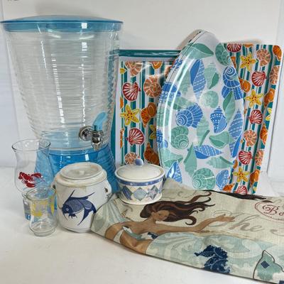 LOT 78: For the Beach House: Surfboard Platters, Large Drink Dispenser, Mermaid Pillow Covers (washable)& More