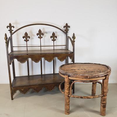 LOT 91: Fleur de Lis Metal Shelf & Bamboo Stool/Plant Stand