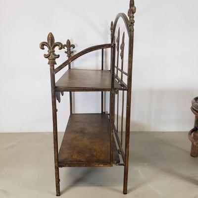 LOT 91: Fleur de Lis Metal Shelf & Bamboo Stool/Plant Stand