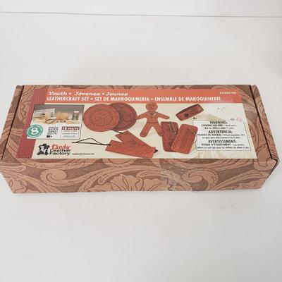 LOT 99: Assortment of Vintage Arts & Crafts-New Crewel in Pack, Tufting Kit, Leathercraft Kit & More