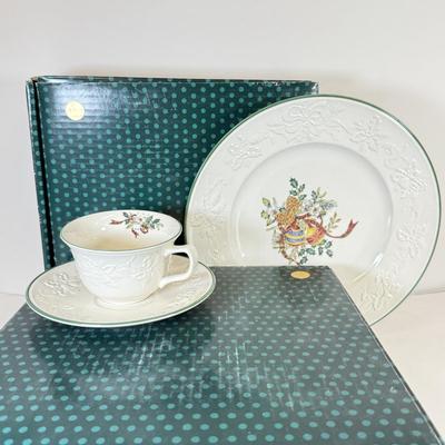 LOT 101: Pair of Mikasa Holiday Season DB901 Place Settings w/ Plates, Mugs & Saucers (in Boxes)