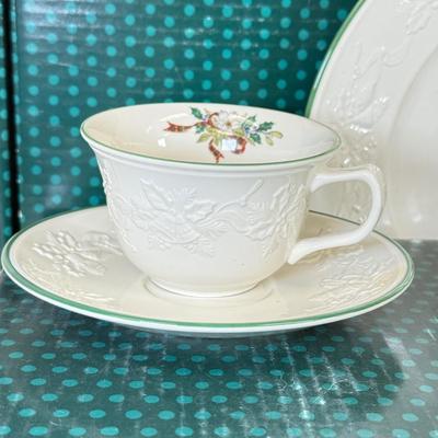 LOT 101: Pair of Mikasa Holiday Season DB901 Place Settings w/ Plates, Mugs & Saucers (in Boxes)