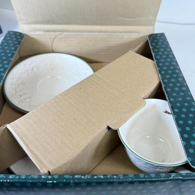 LOT 101: Pair of Mikasa Holiday Season DB901 Place Settings w/ Plates, Mugs & Saucers (in Boxes)