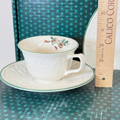 LOT 101: Pair of Mikasa Holiday Season DB901 Place Settings w/ Plates, Mugs & Saucers (in Boxes)