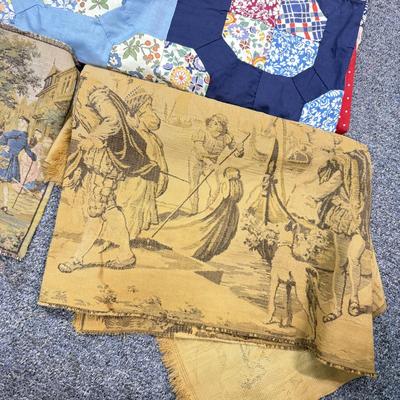 LOT 102: Finished & Unifinished Quilts, Pink Dog Pillow Cover, Embroidered Fabrics & More