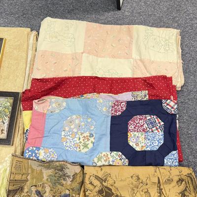 LOT 102: Finished & Unifinished Quilts, Pink Dog Pillow Cover, Embroidered Fabrics & More